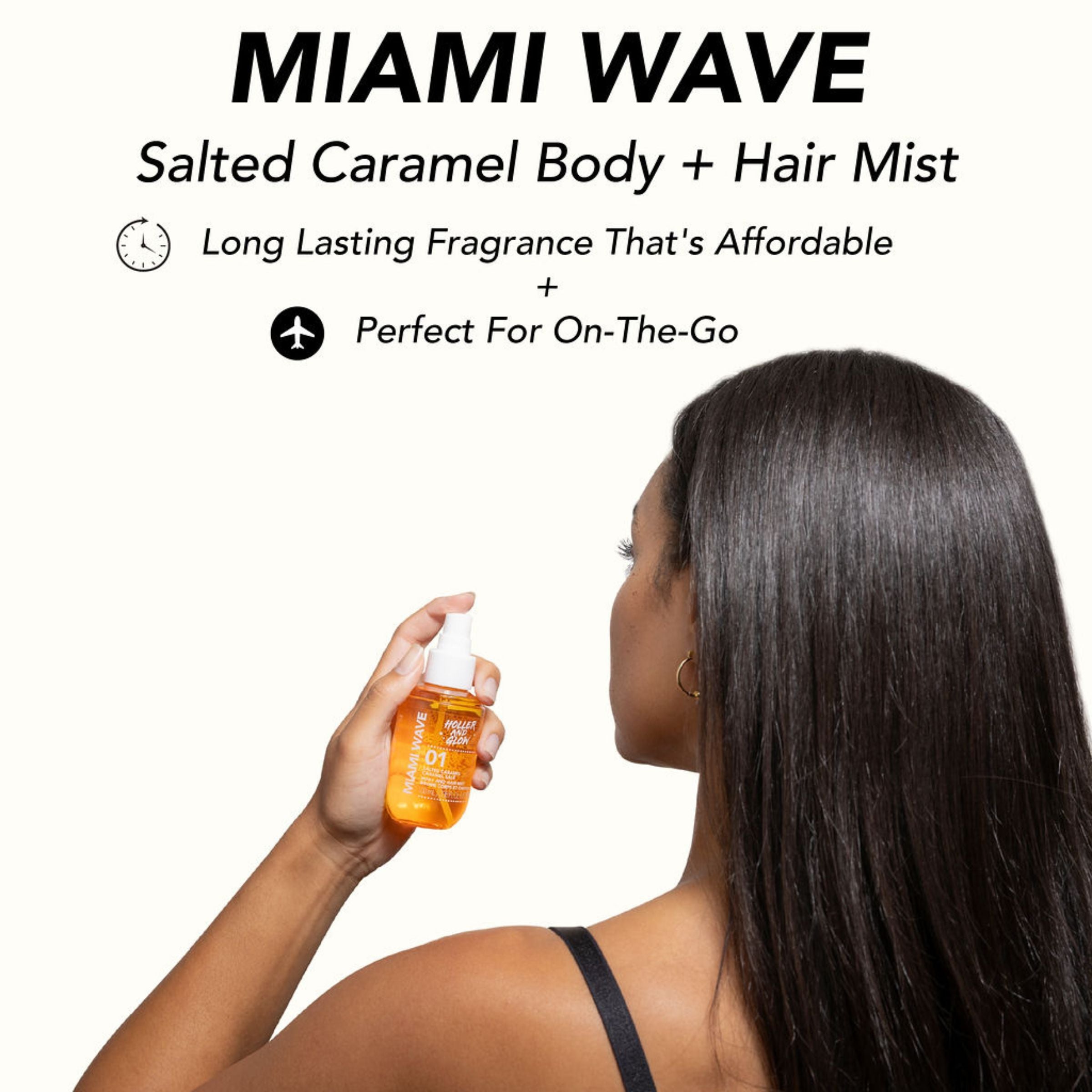 Woman holding a bottle of 'Miami Wave' salted caramel body and hair mist with product details on a white background.