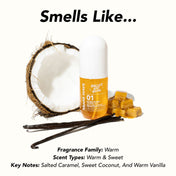 Product with coconut, vanilla beans, and caramel, labeled 'Smells Like' on a white background.