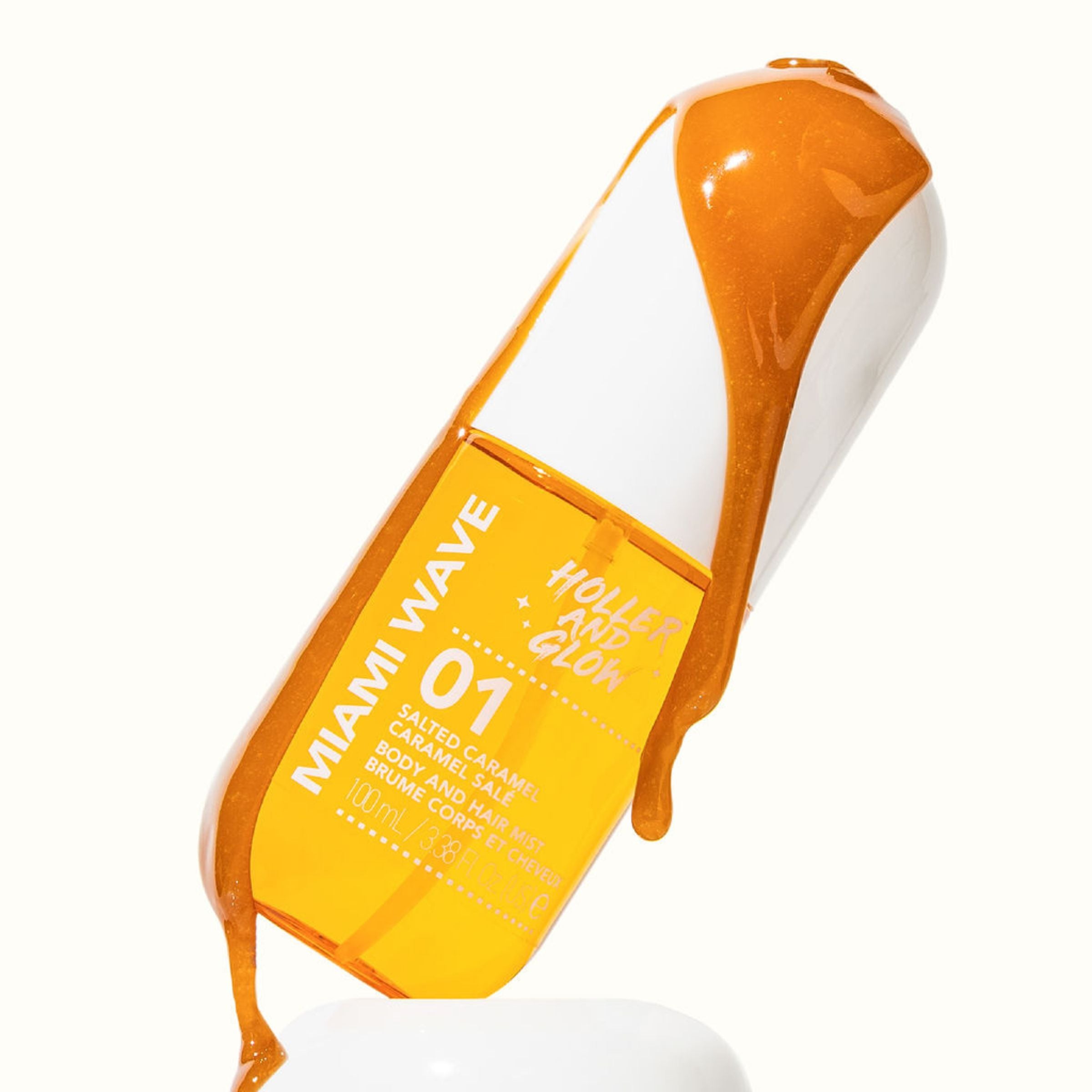 Miami Wave bottle with orange and white design with caramel dripping on the bottle on a white background