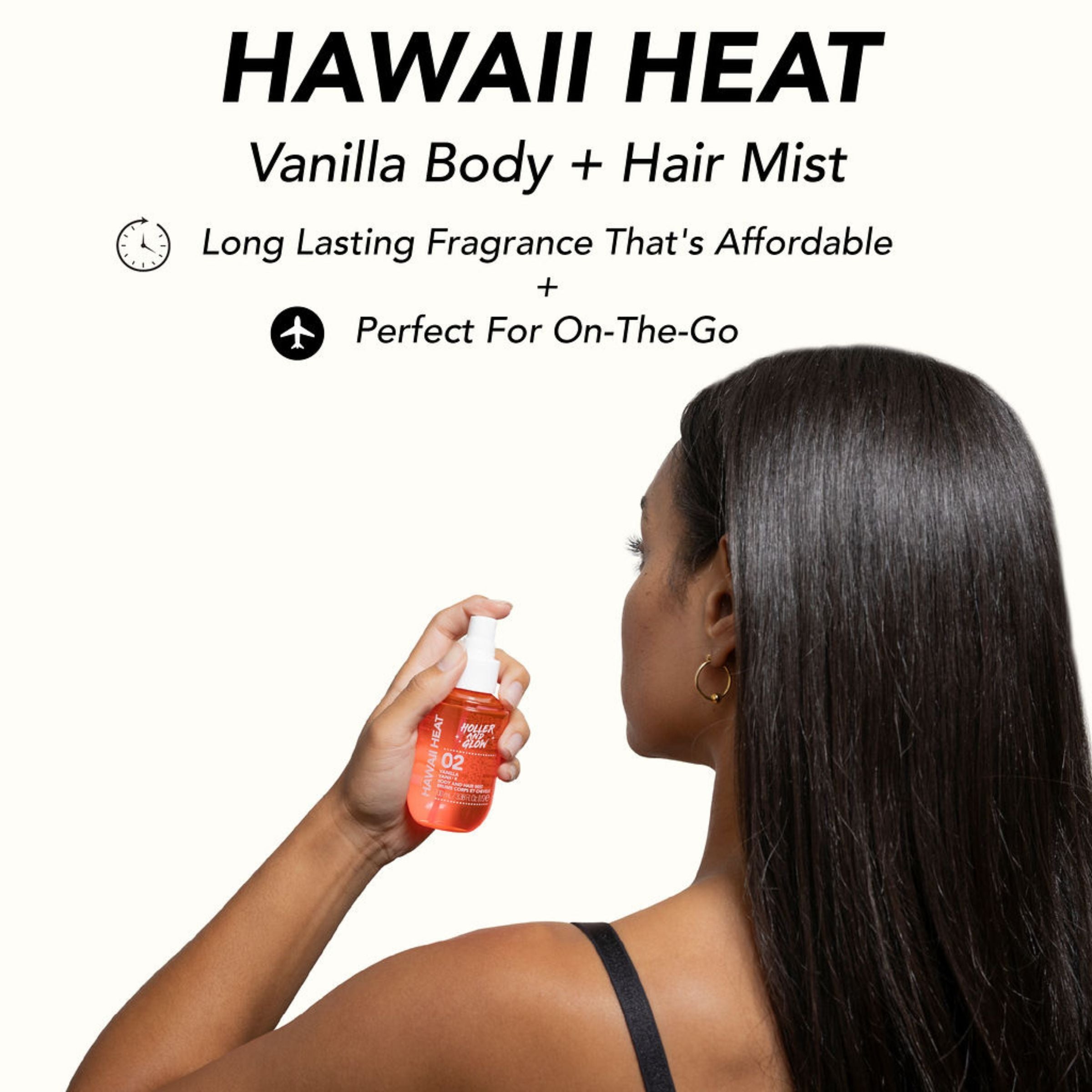 Woman holding a 'Hawaii Heat Vanilla Body + Hair Mist' spray bottle with product details on a white background.
