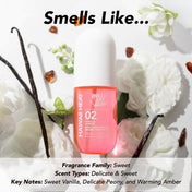 Hawaii Heat perfume bottle surrounded by vanilla beans and flowers with text about fragrance family and notes.