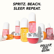 Collection of Holler and Glow hair care products with text 'Spritz. Beach. Sleep. Repeat.' on a white background.