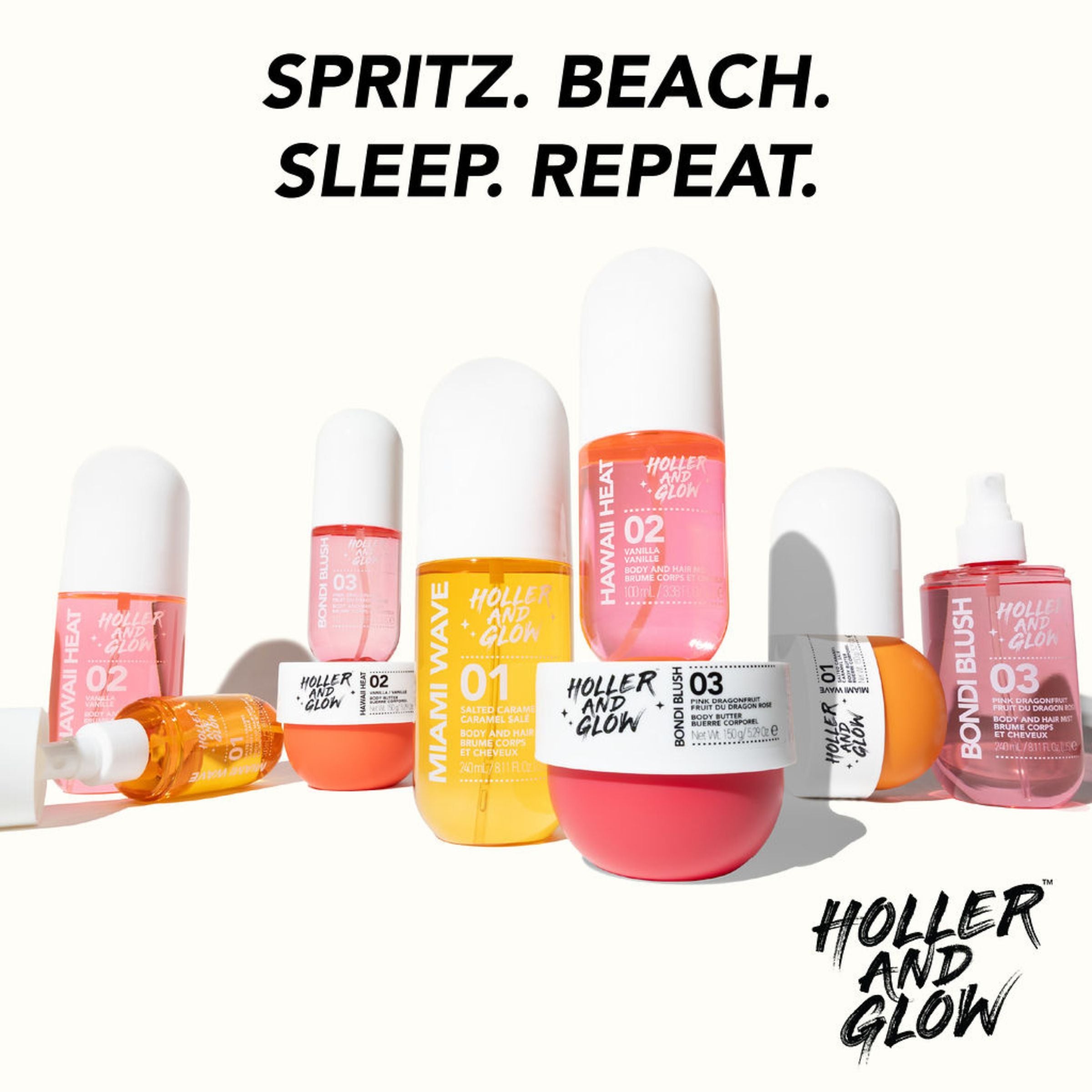 Collection of Holler and Glow hair care products with text 'Spritz. Beach. Sleep. Repeat.' on a white background.