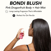 Woman holding a 'Bondi Blush' pink dragonfruit body and hair mist bottle.