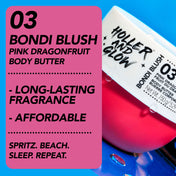 Body butter with pink dragonfruit scent on a blue background, featuring text about product features.