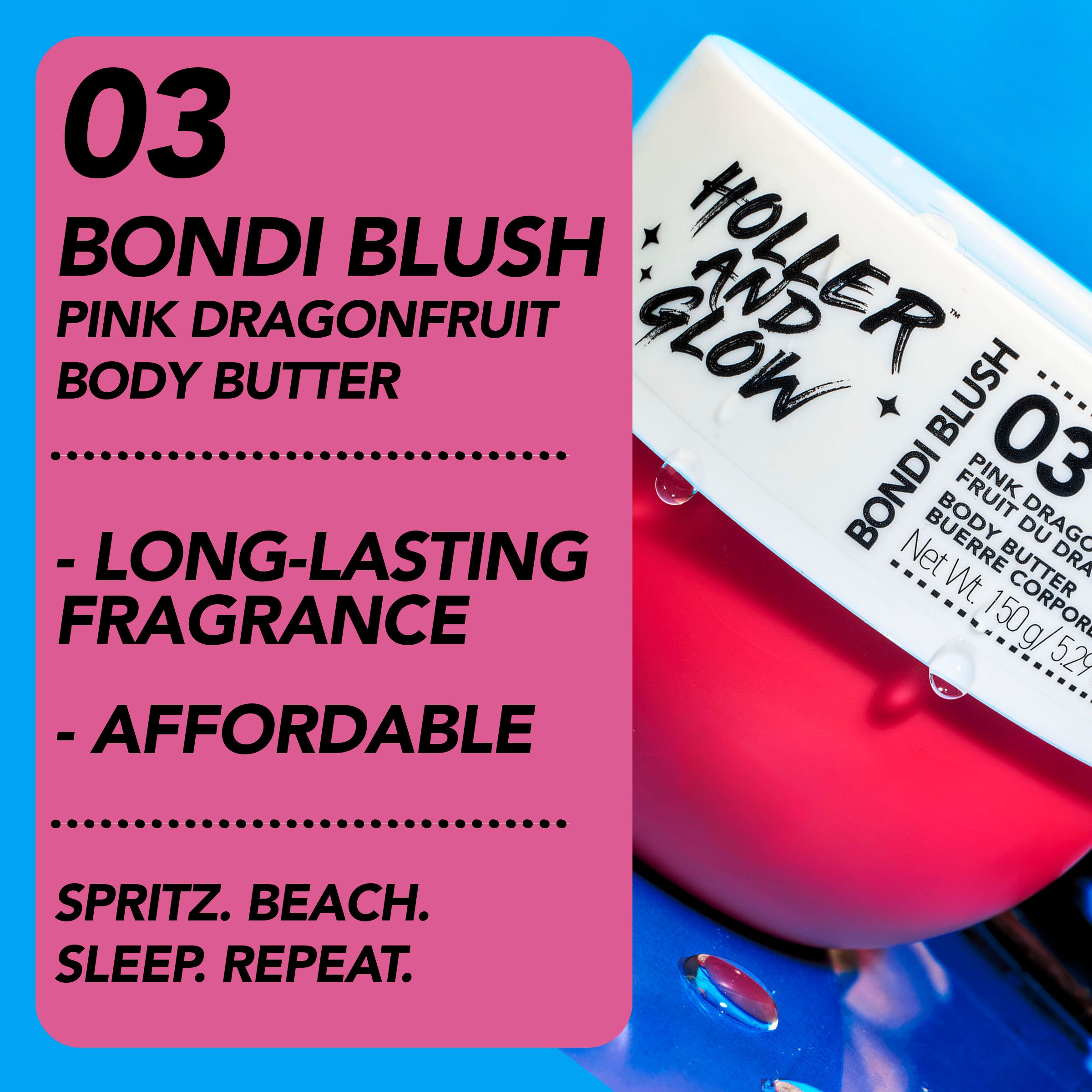Body butter with pink dragonfruit scent on a blue background, featuring text about product features.