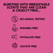 Pink background with black text and icons about product safety and ingredients.