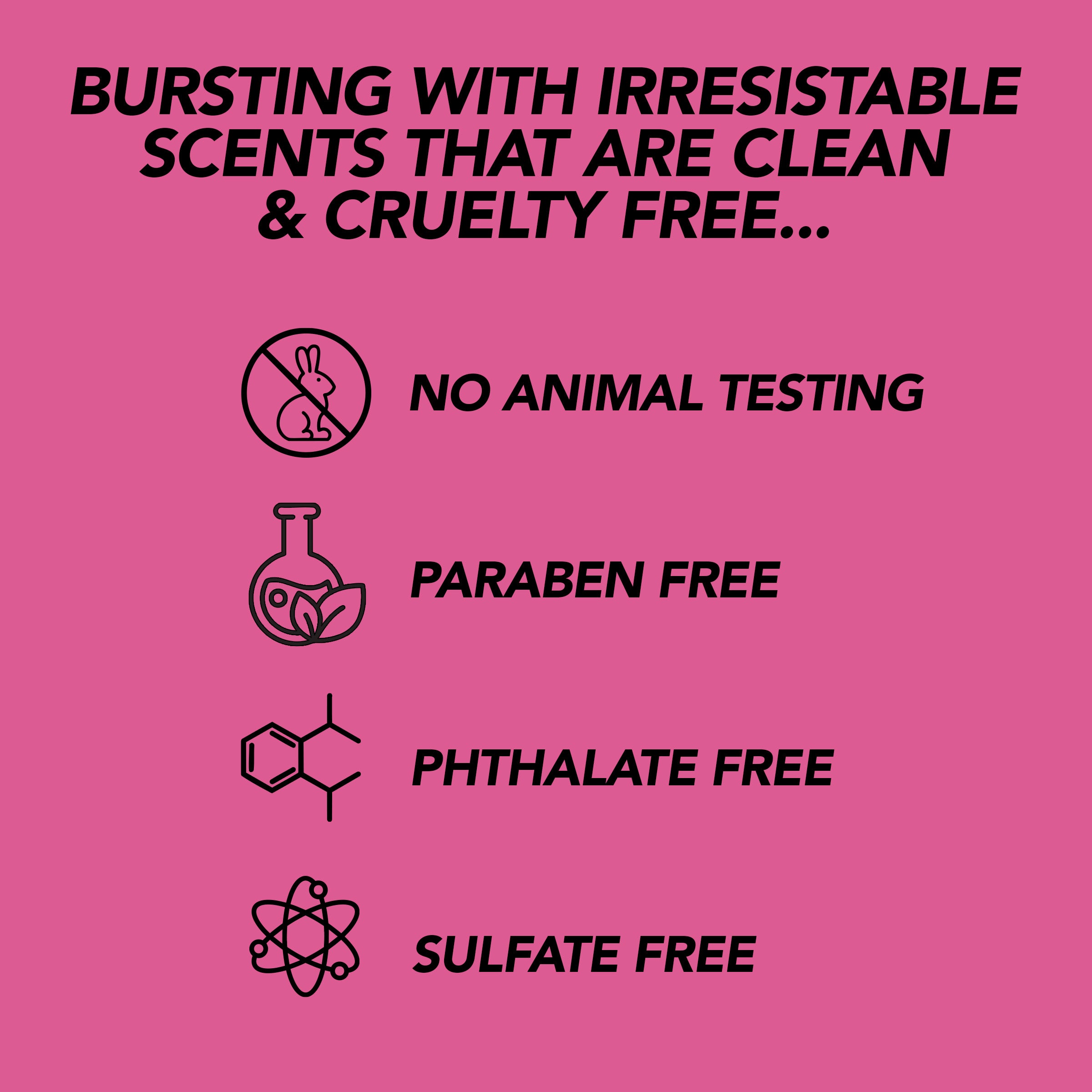 Pink background with black text and icons about product safety and ingredients.