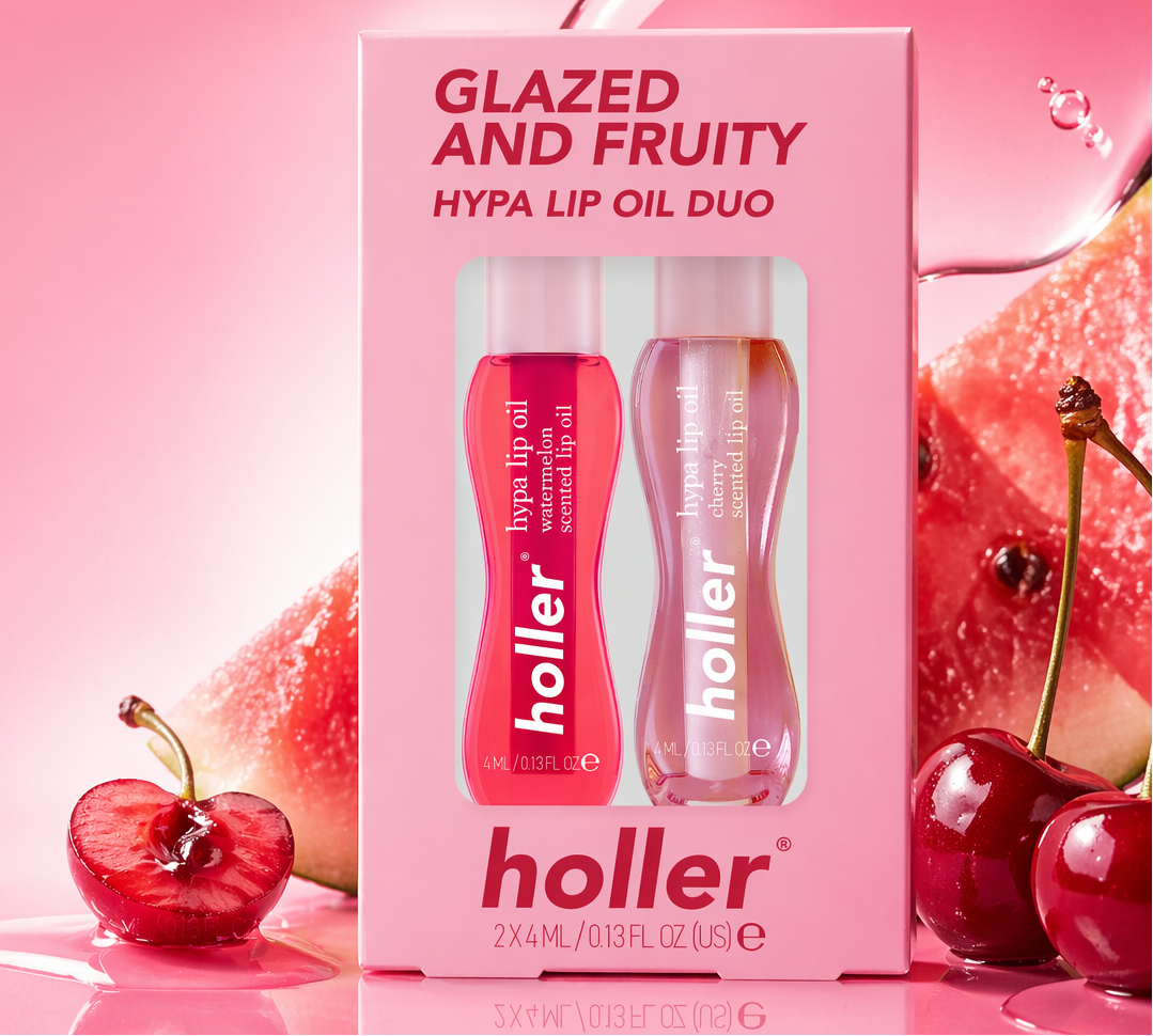 holler lip oil duo packaging with pink background and cherries
