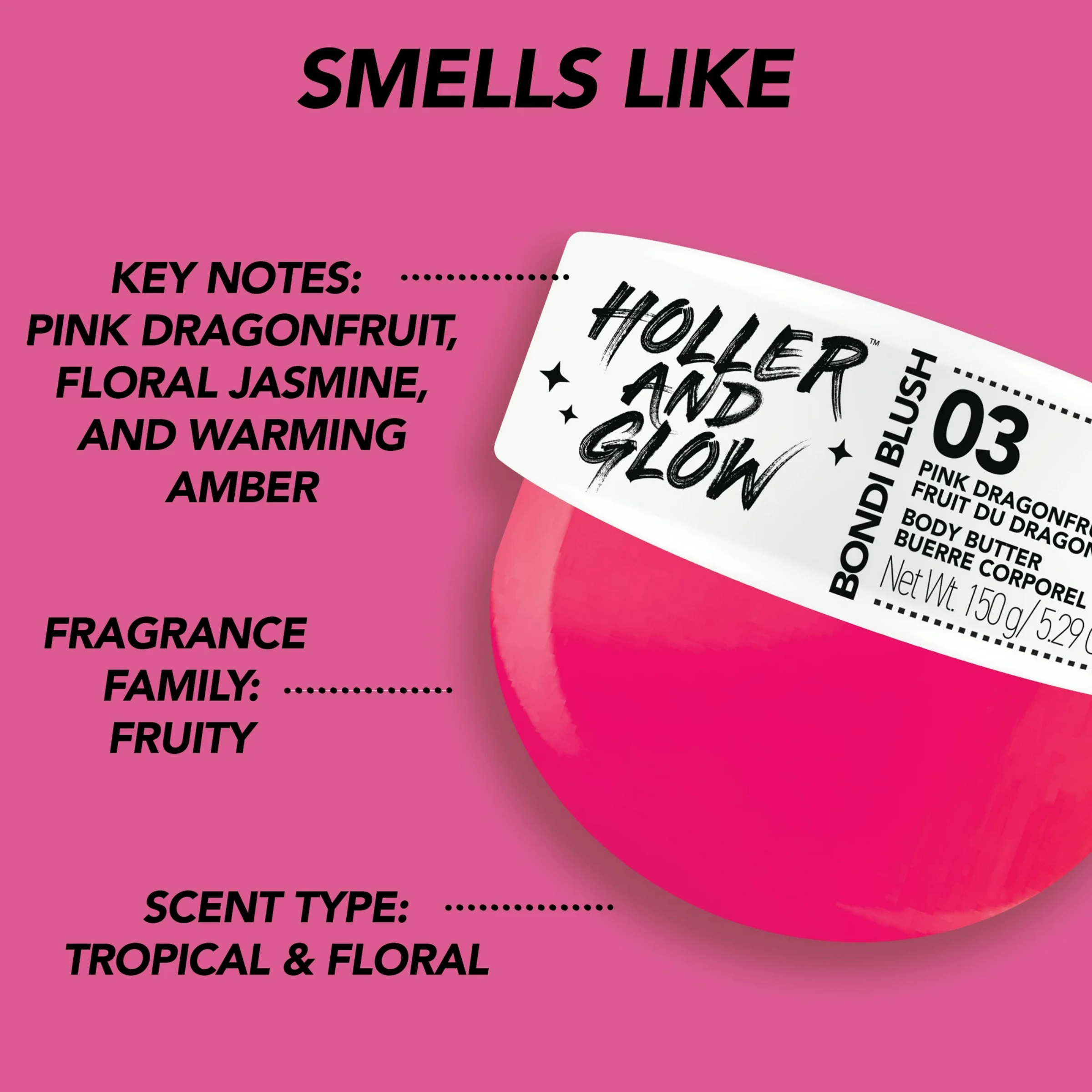 Pink body butter with a label on a pink background, displaying fragrance information.