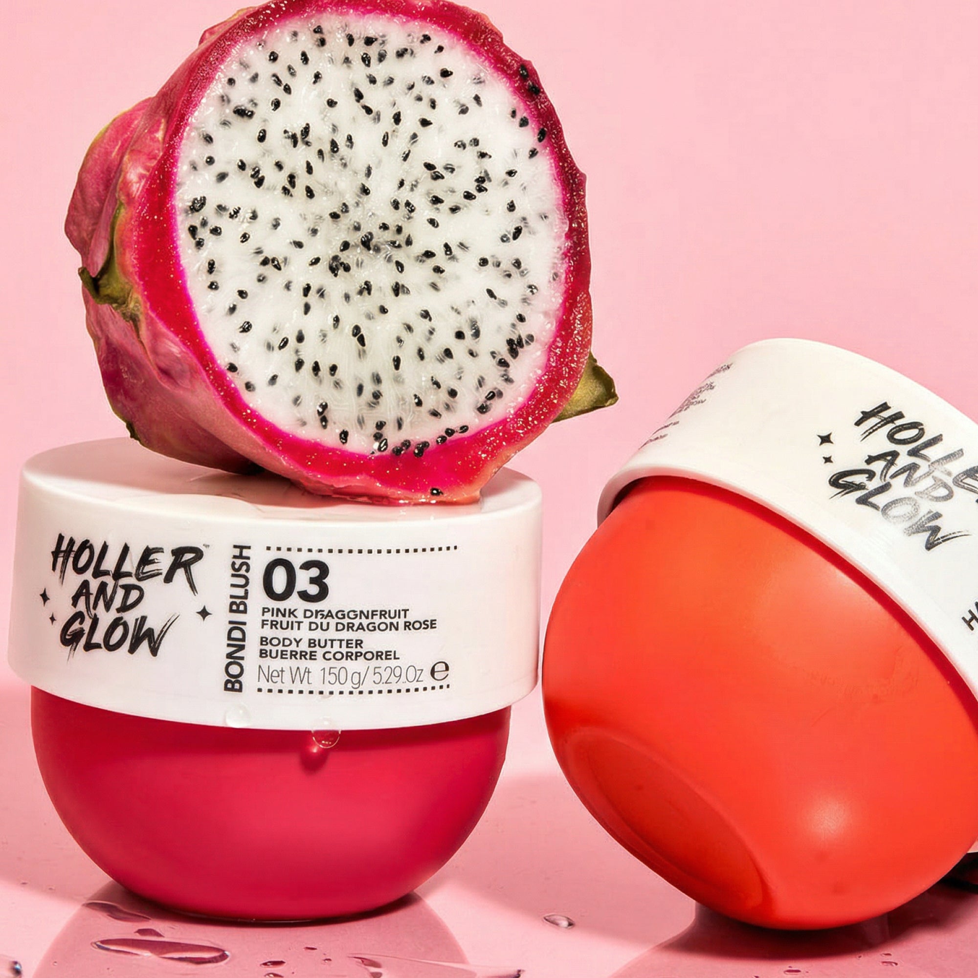 Holler and Glow cosmetic product with pink dragonfruit on a pink background