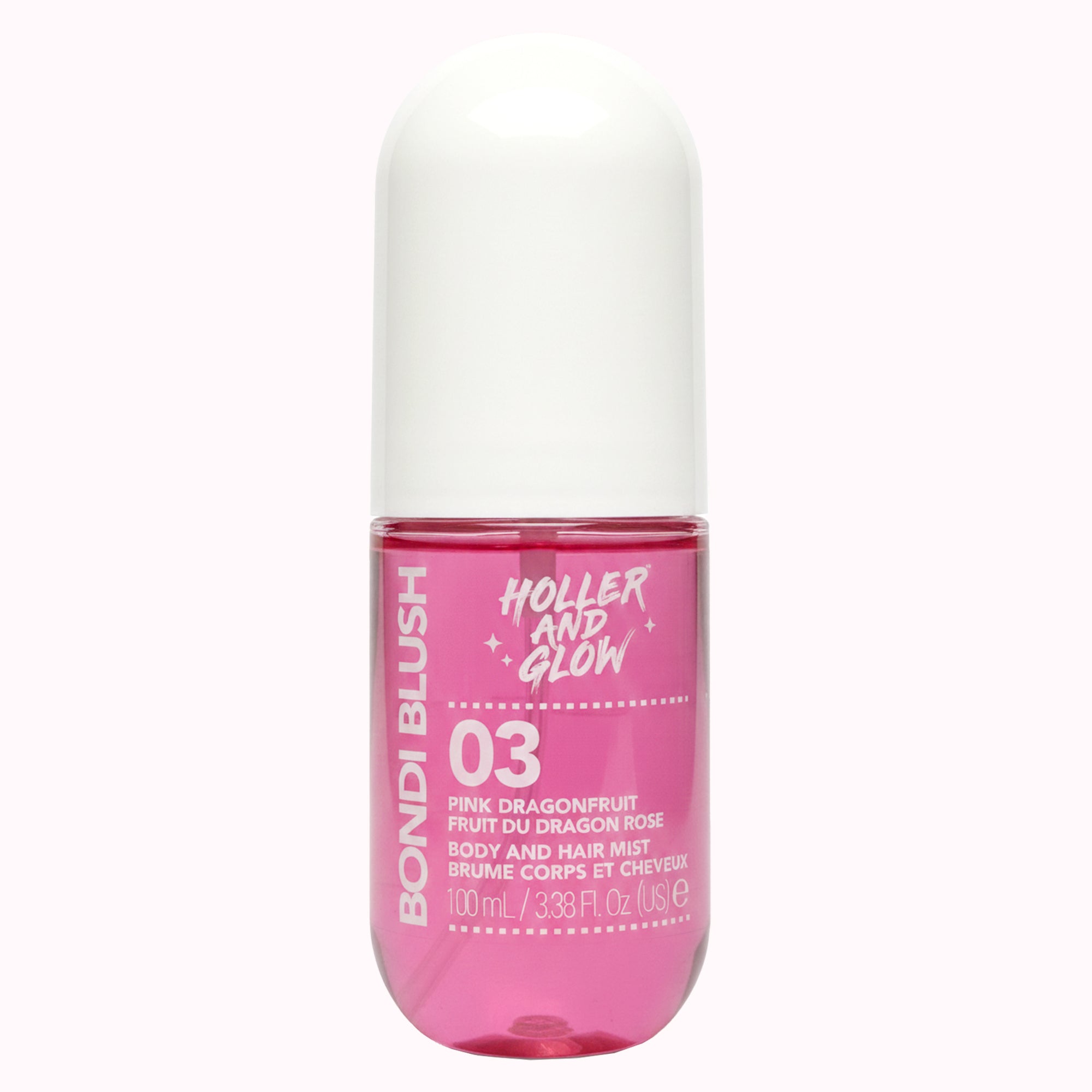 Pink bottle of Holler and Glow body and hair mist on a white background
