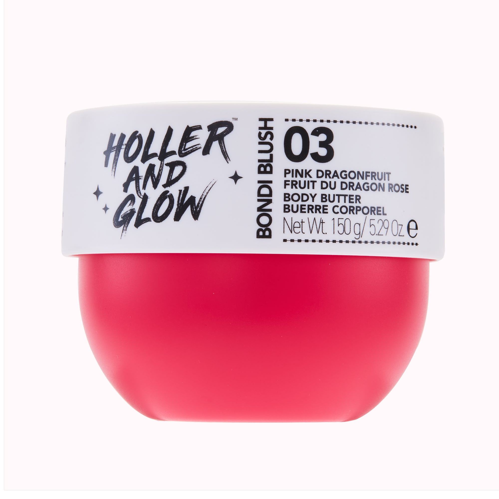 Pink body butter jar with 'Holler and Glow' label on a white background

